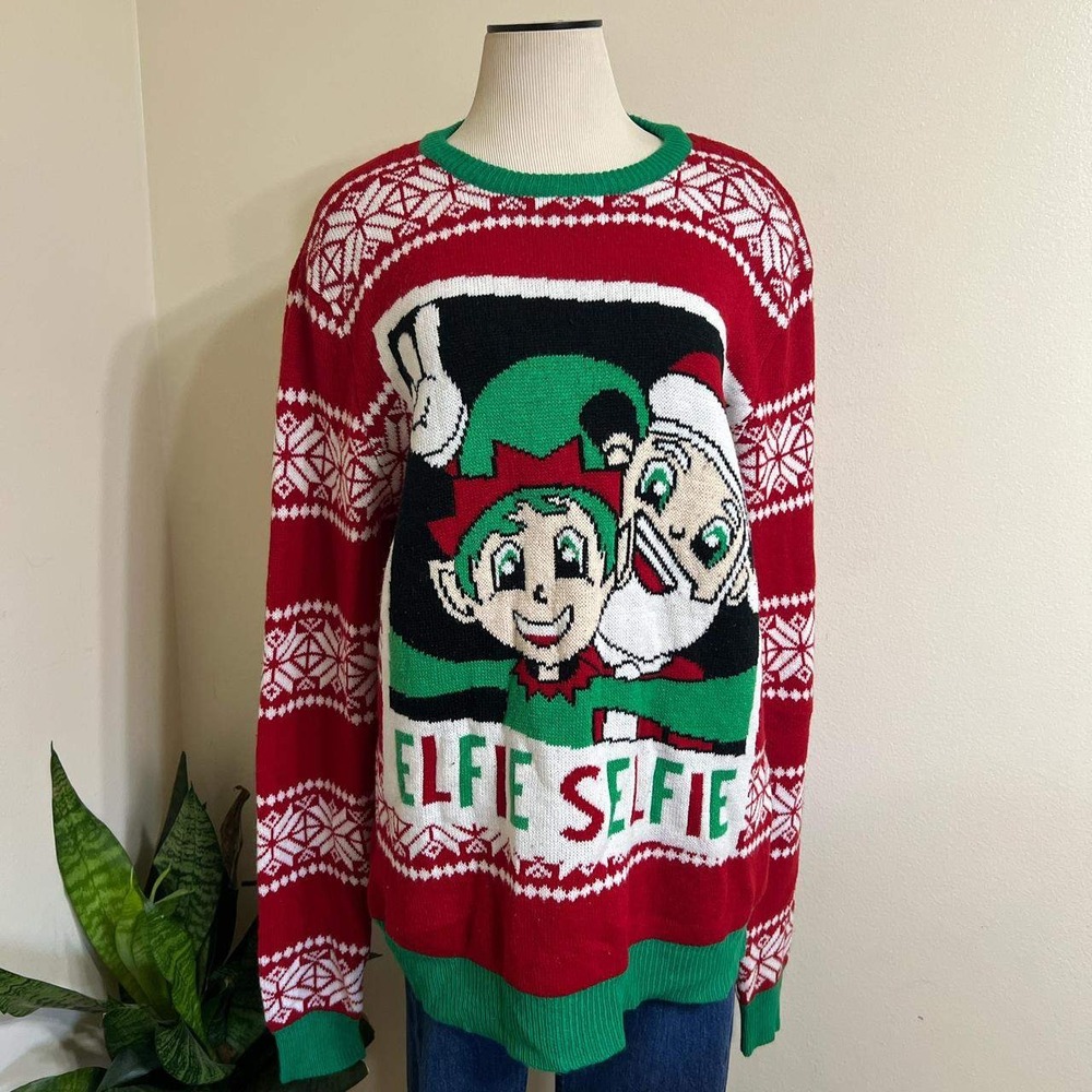 Happy Holidays Elfie Selfie Ugly Christmas Sweater Red Green XL